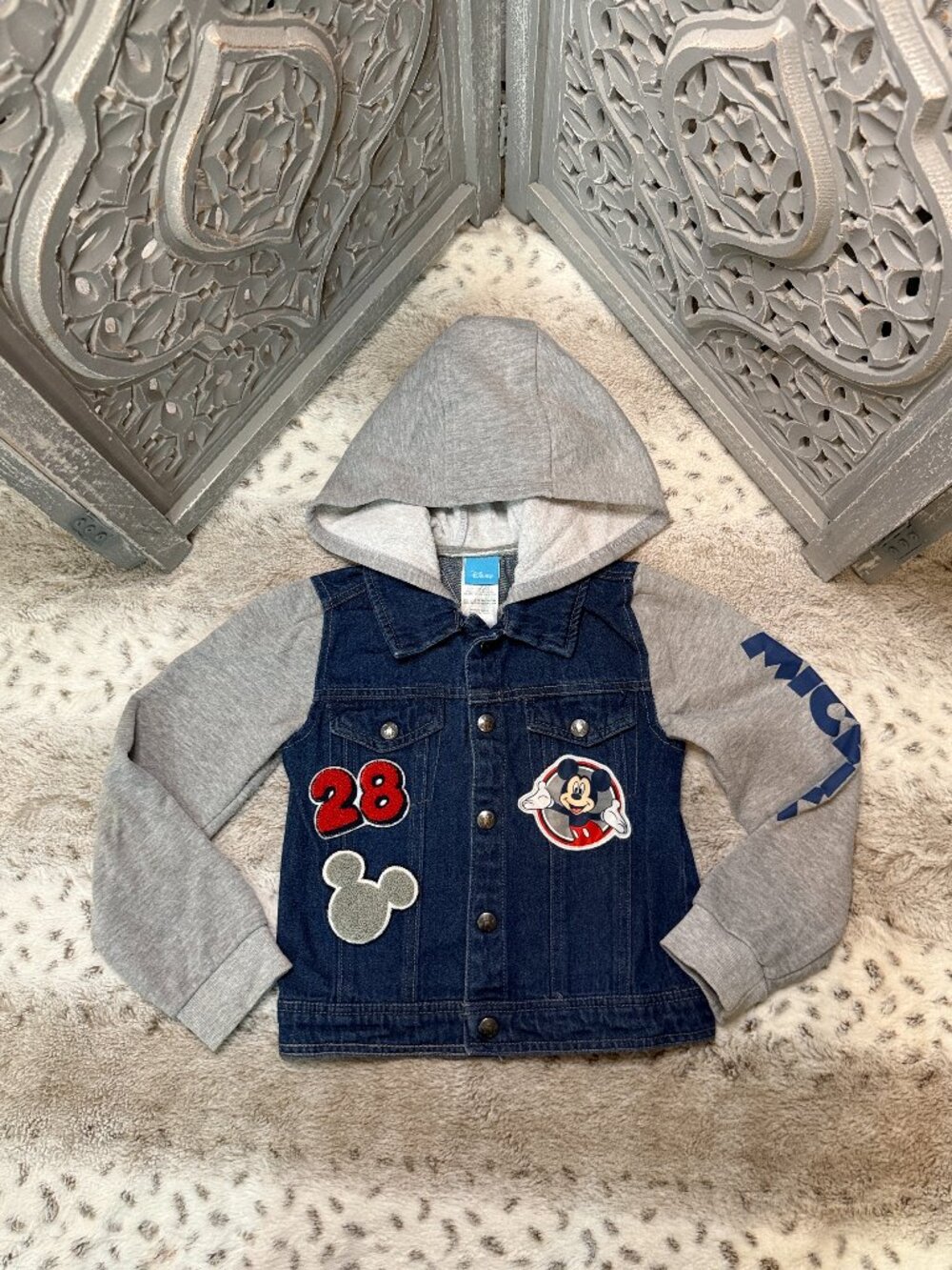Disney Mickey Mouse jean jacket boys size 7 zip up hoodie preppy school winter